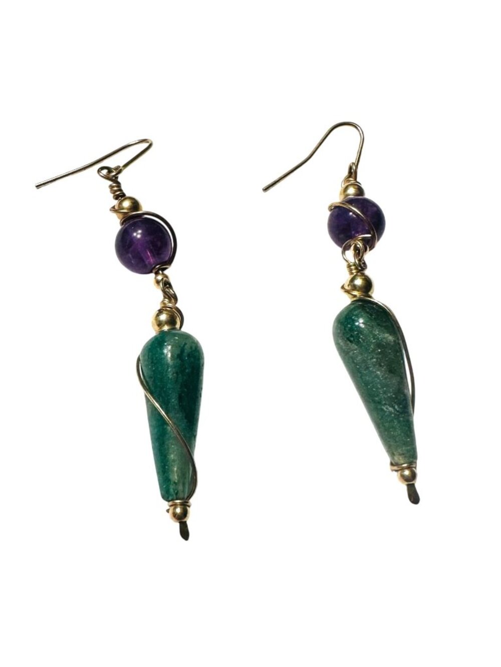 Amethyst & Nephrite Dangle Earrings Gold Wire Wrapped Handmade